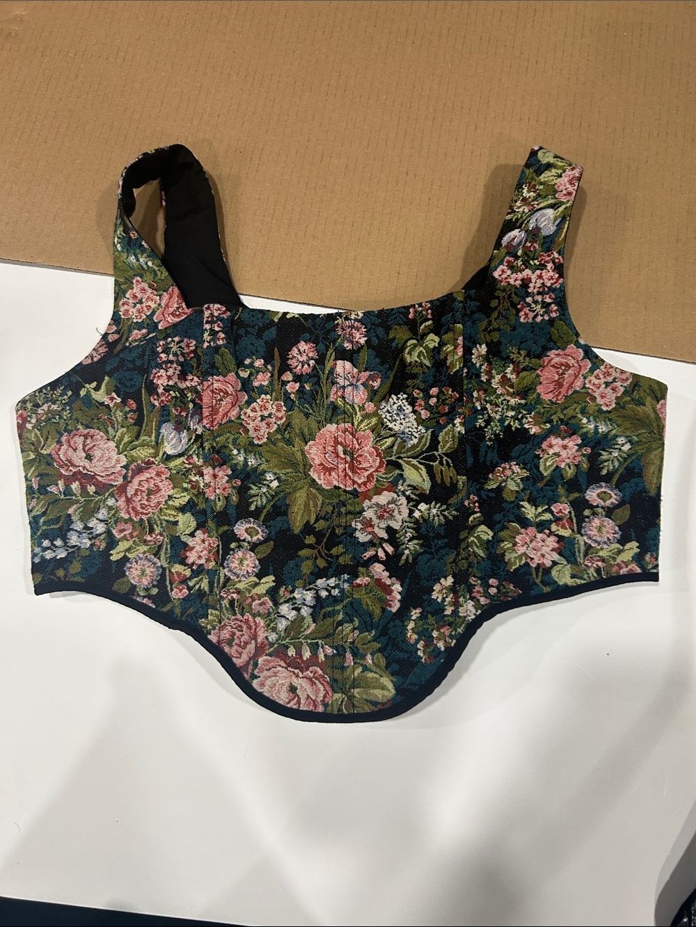 Fashion Nova Floral Brocade Crop Top - Dark Teal, Pink & Green